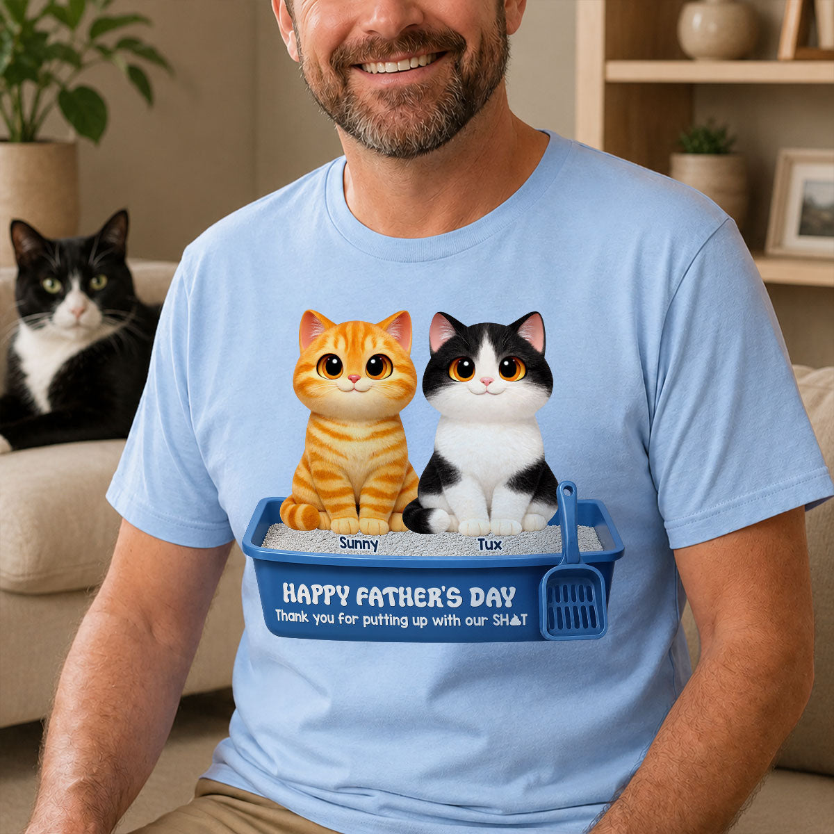Cute Fluffy Cats Happy Father's Day Thanks For Feeding And Scooping Poo - Personalized Shirt - Funny Father's Day Gift For Cat Dad, Cat Lovers