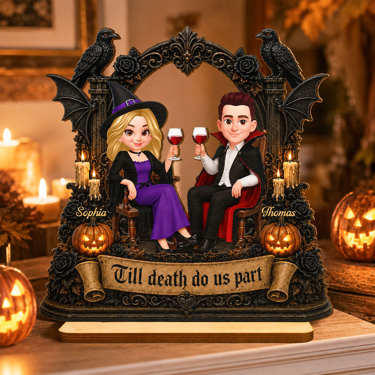 Till Death Do Us Part Halloween Couple Sitting 2D Flat - Personalized 2-Layered Wooden Plaque - Halloween Decor For Couple