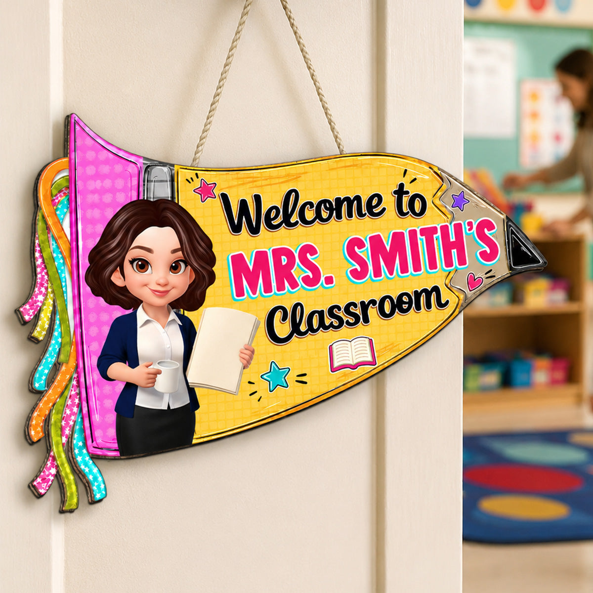 Pencil Pennant Flag Welcome To Teacher Classroom - Personalized Door Hanger