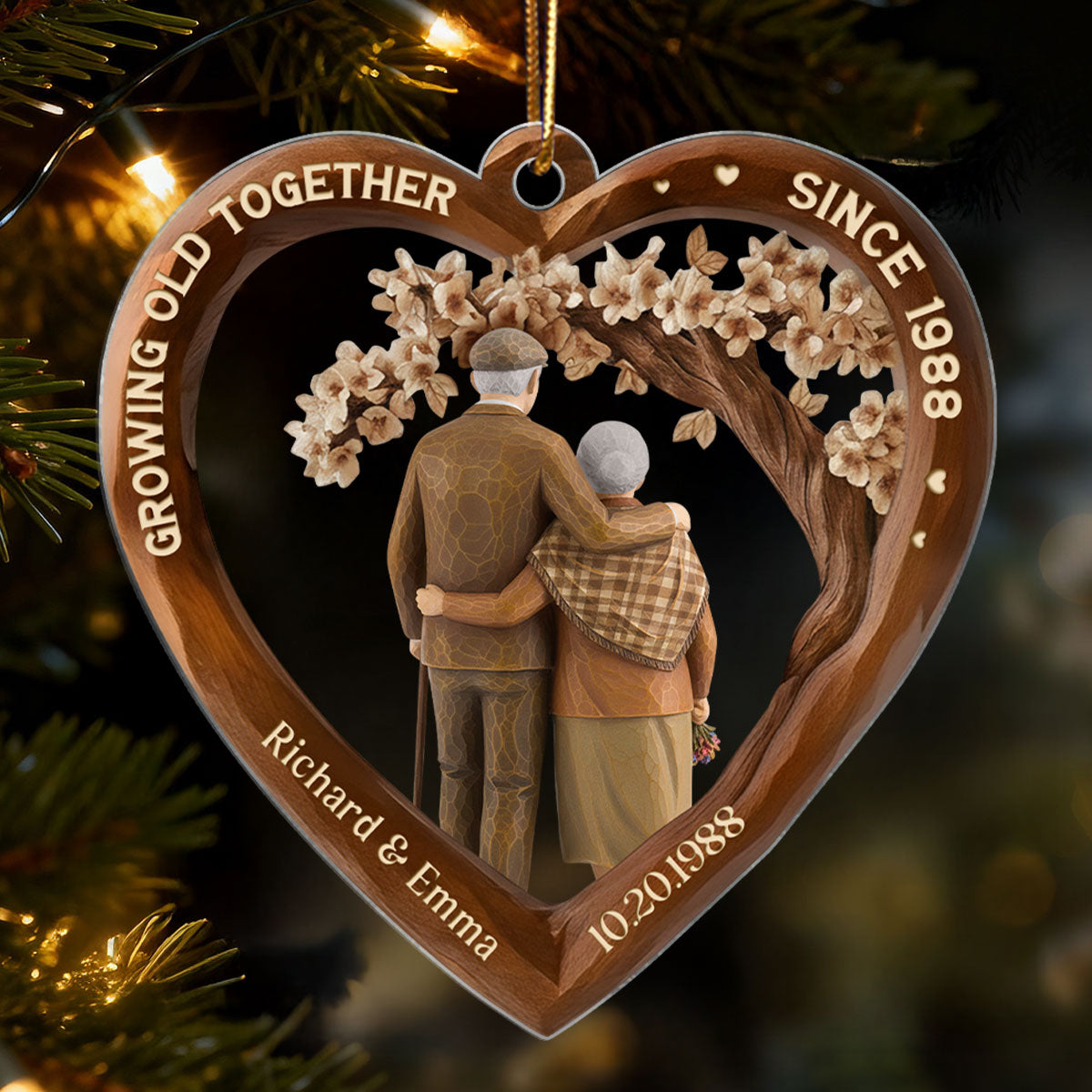 Growing Old Together Couple 3D Wooden Effect - Personalized Acrylic Ornament - Christmas Gift for Couples