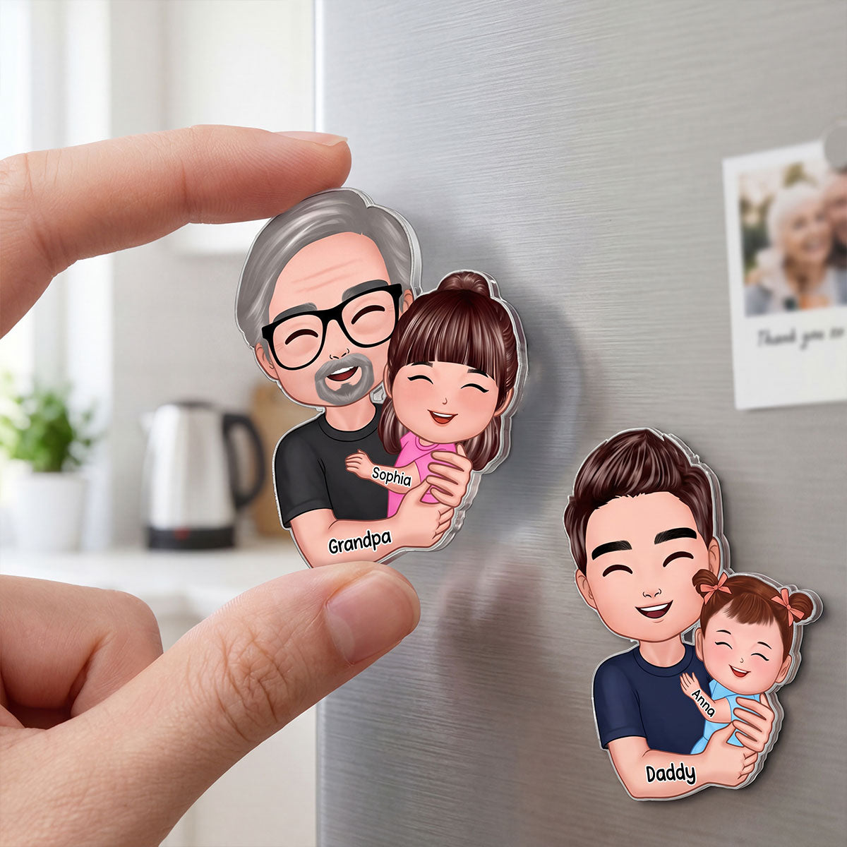 Father Grandfather Love Dad Grandpa Embracing Kid Baby - Personalized Acrylic Fridge Magnet - Father's Day Gift For Dad, Husband, Grandpa