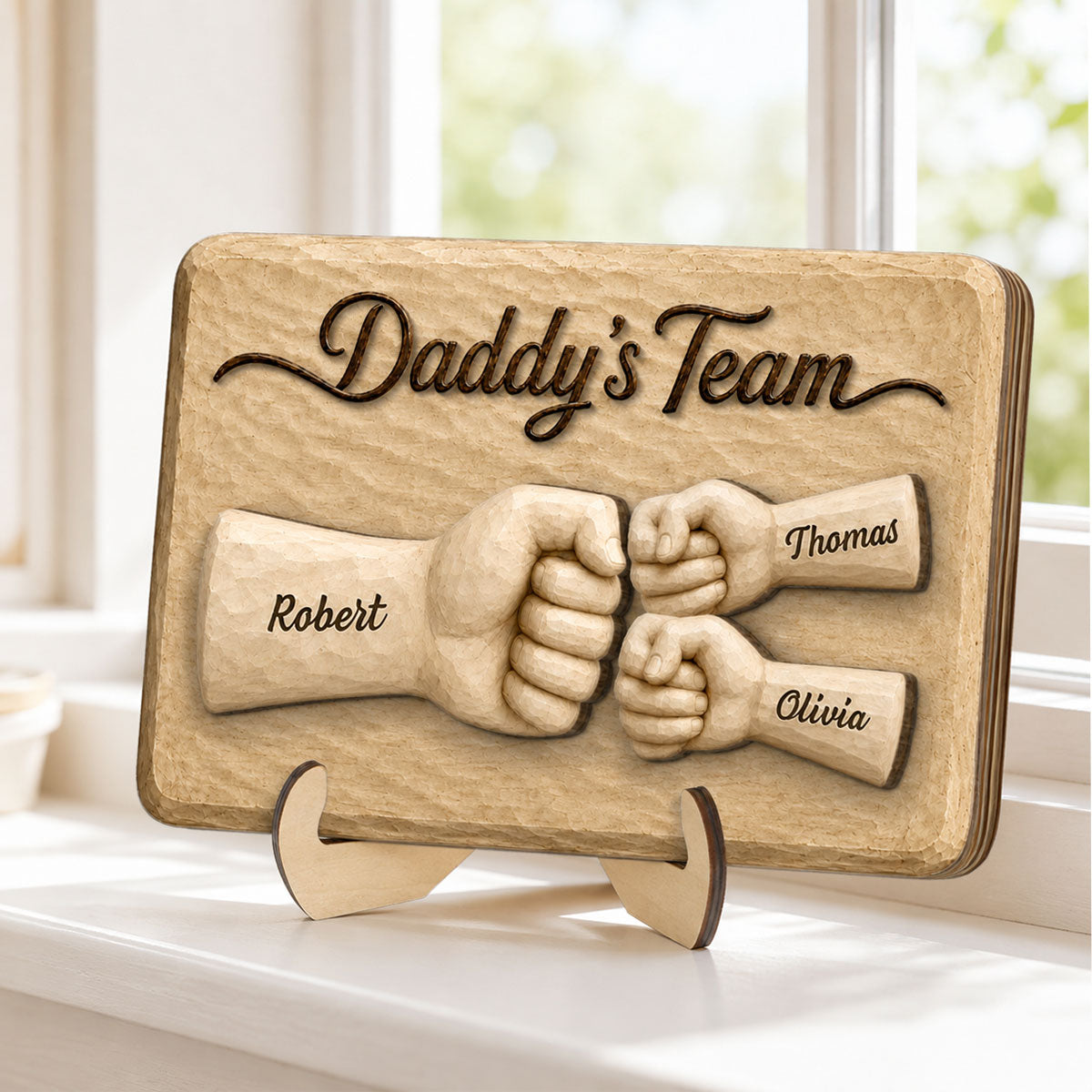 Sentimental Rustic Daddy's Team Fist Bump - Personalized 2-Layered Wooden Plaque -  Gift For Dad, Husband