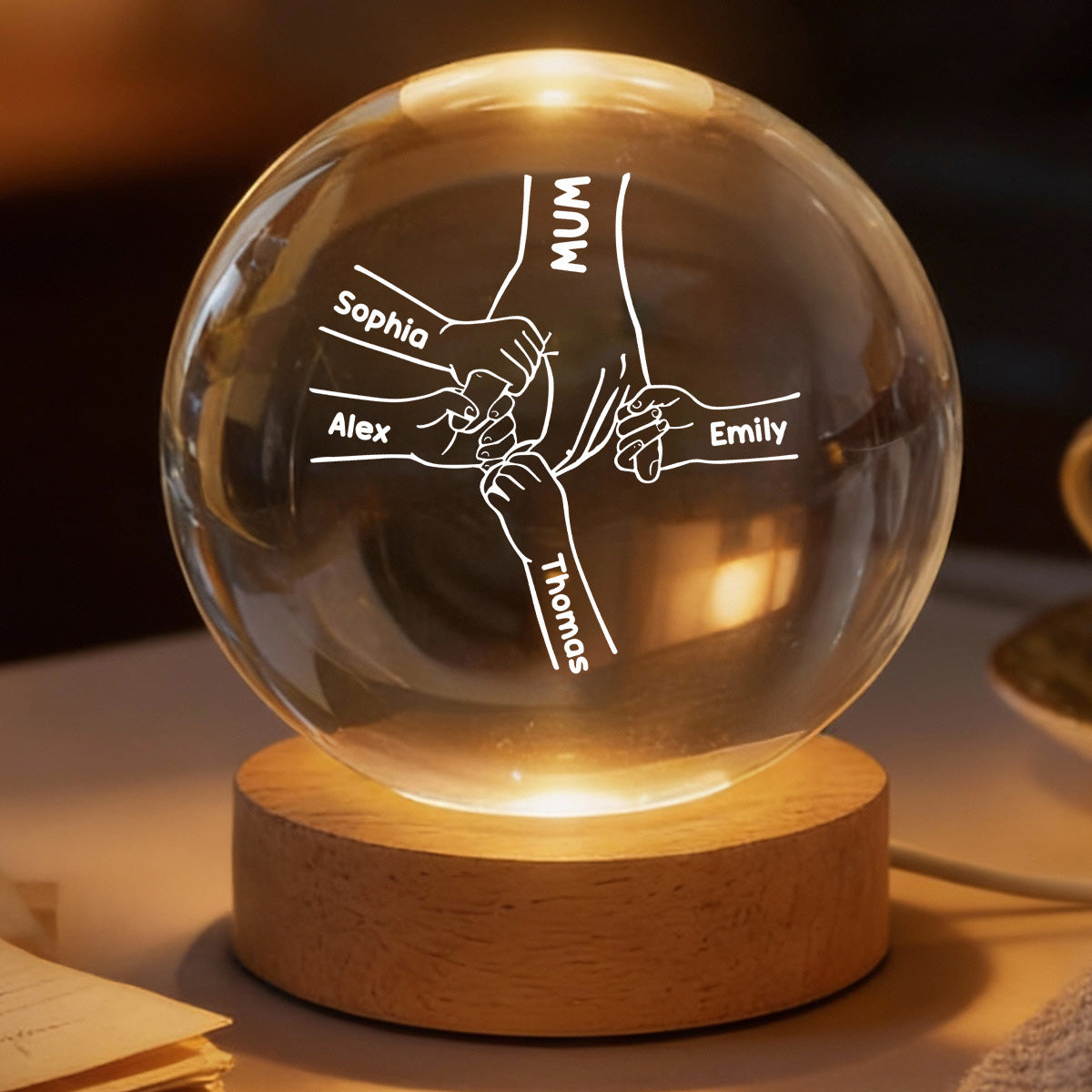 MUM And Kids Holding Hands - Personalised Crystal Ball - Mother's Day Gift For MUM, Grandma