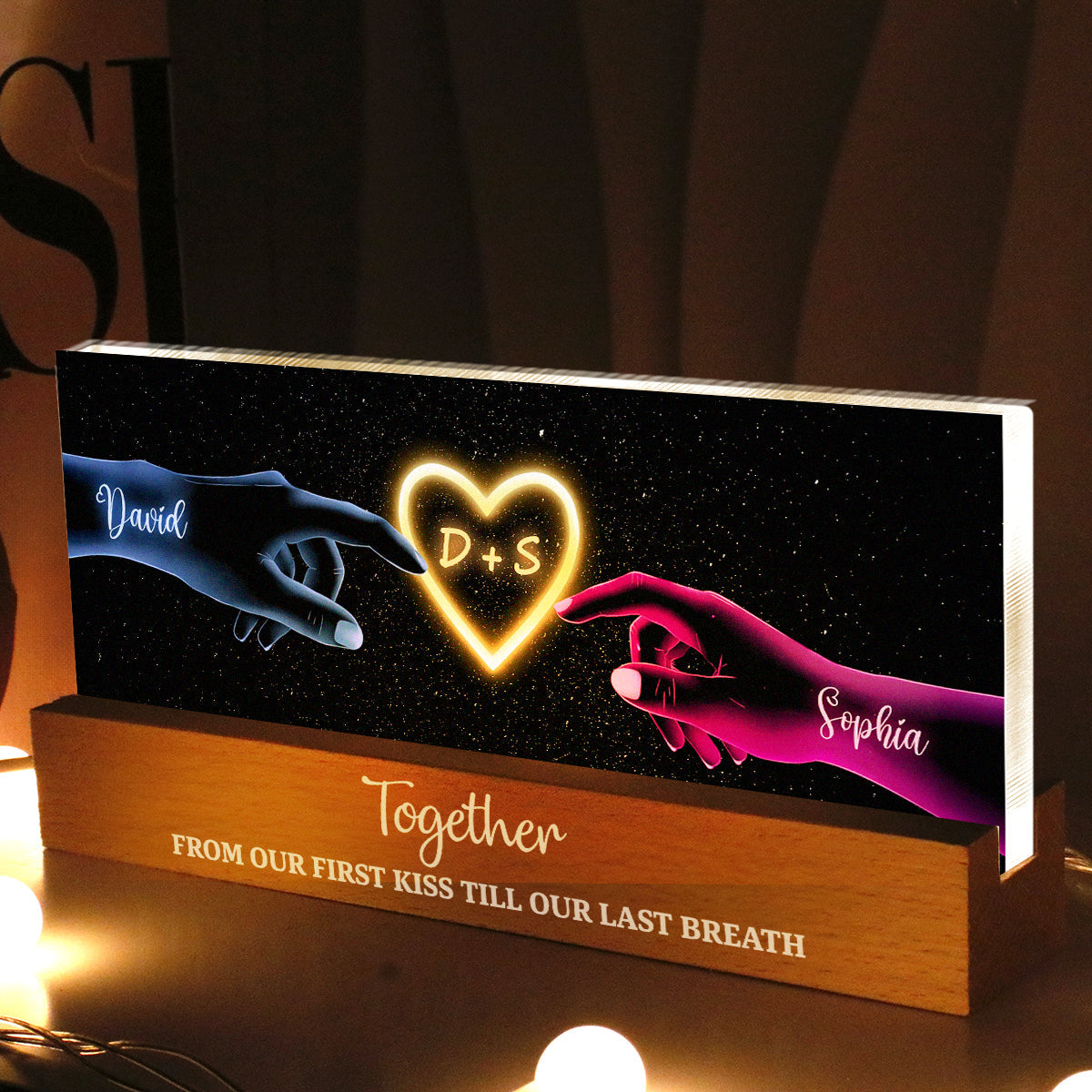 Couple Hands Neon Art - Personalized Acrylic Block LED Night Light - Heartfelt Valentine's Day Gift for Her, for Him