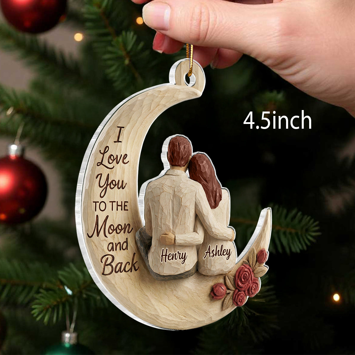 I Love You To The Moon And Back Faux Wood - Personalized Acrylic Ornament - Heartwarming Christmas Gift For Him, For Her, For Couple