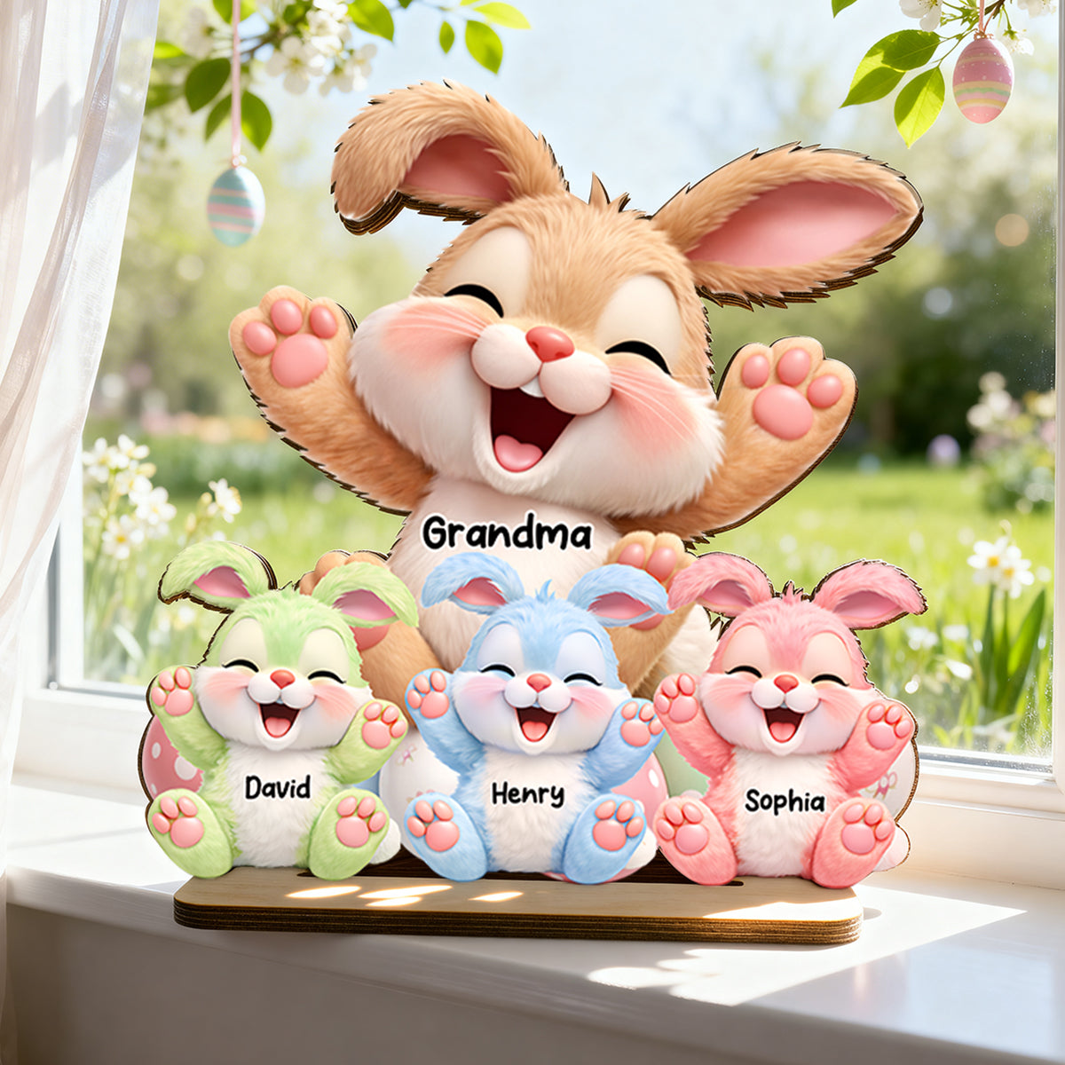 Grandma Bunny Easter Eggs - Personalized 2-Layered Wooden Plaque - Easter Decor for Grandma