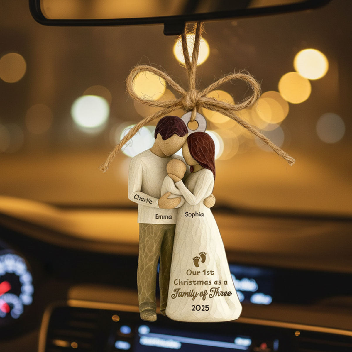 3D Effect First Christmas As Family Of Three Mom Dad & Baby - Personalized Car Hanger