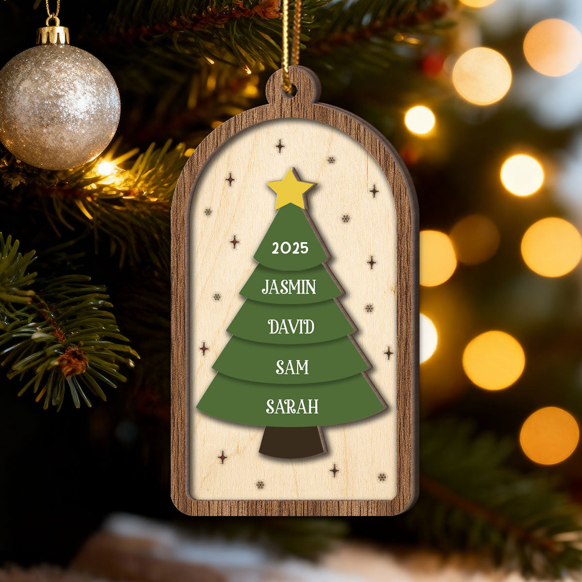 Festive Christmas Tree Family Names - Personalized 2-Layered Wooden Ornament