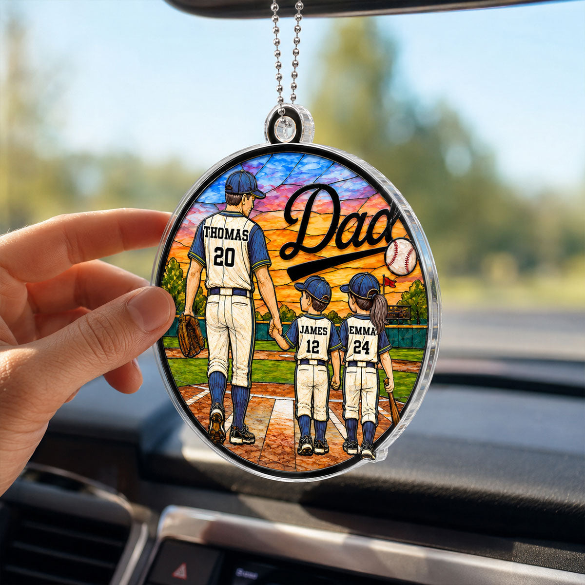 Baseball Dad & Kids 2D Flat - Personalized Acrylic Car Ornament - Father's Day Gift For Baseball Dad