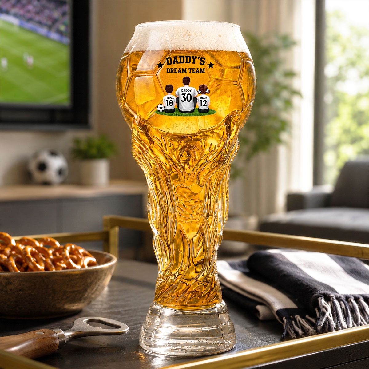 Daddy's Dream Team World Cup 2026 Football - Personalized Trophy Beer Glass - Match Day Beer Glass, Birthday Gift for Him, Gift for Dad