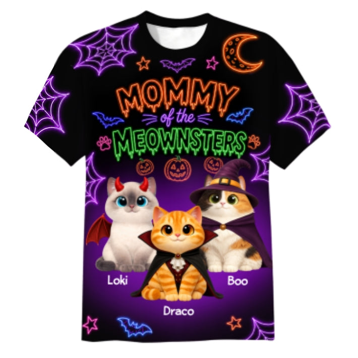 Neon Theme Mommy Daddy Of The Meownsters Cats - Personalized Shirt - Halloween Gift For Cat Lovers