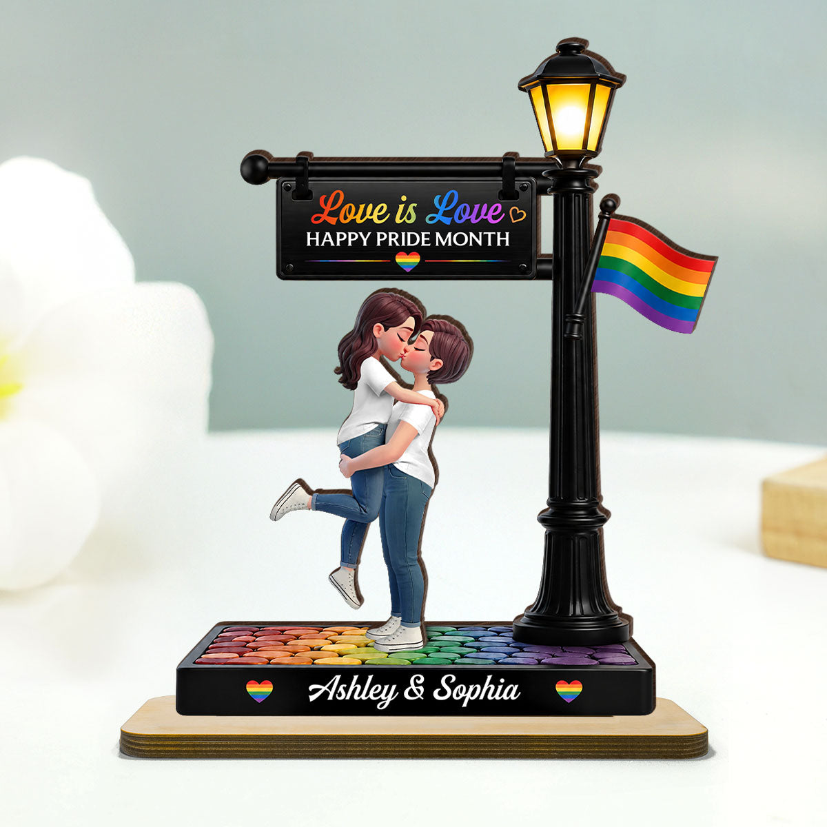 LGBT Couple Under Lamp Post - Personalized 2-Layered Wooden Plaque - Gift For Couple, Happy Pride Month