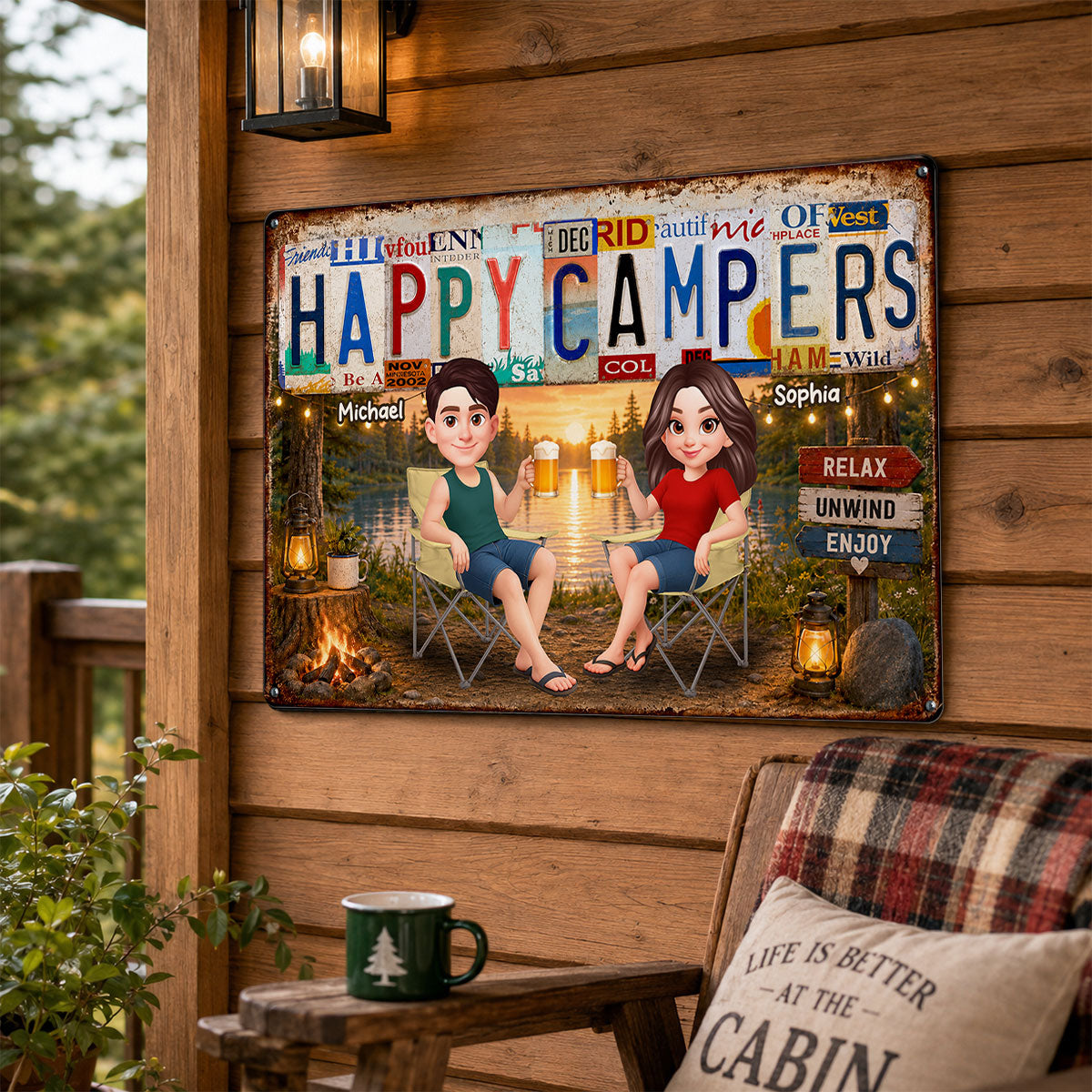 Happy Campers Camping Couple License Plate Style - Personalized Metal Sign - Gift For Campers