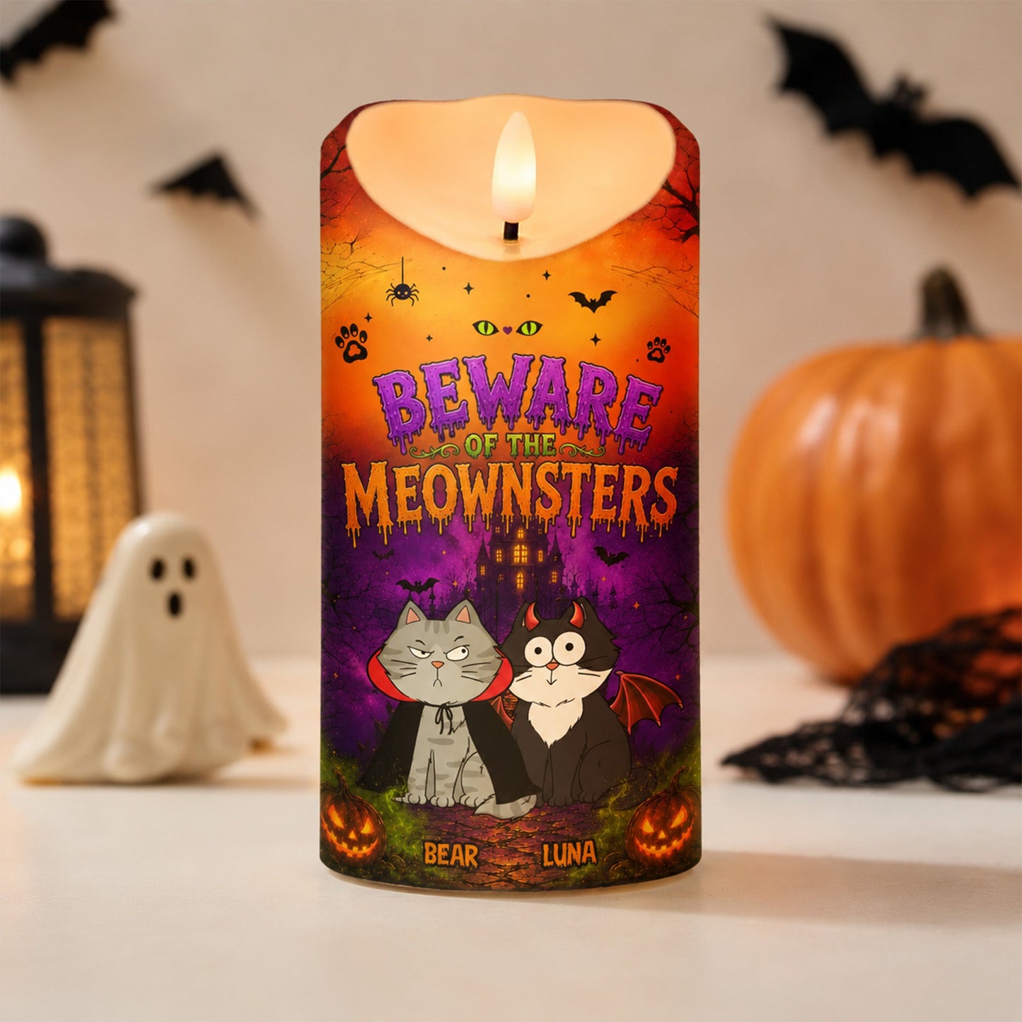Beware Of The Meownsters - Personalized LED Candle - Purrfect Halloween Decor for Cat Lover
