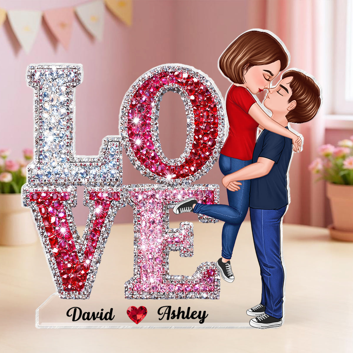 3D Effect Rhinestones Couple Love - Personalized Acrylic Block Plaque - Heartfelt Gift for Her, for Him