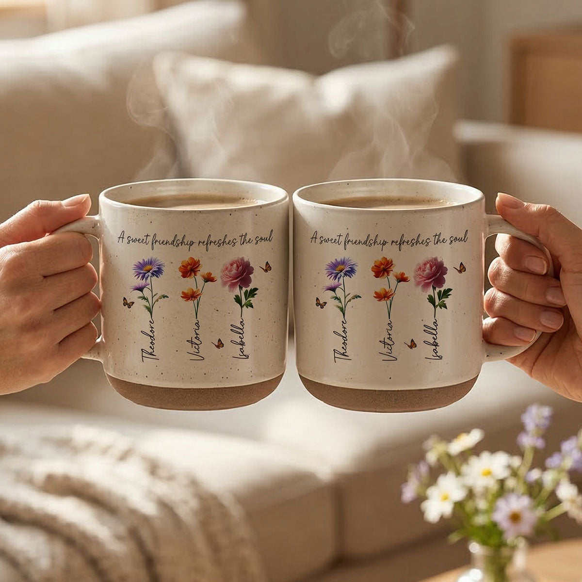 A Sweet Friendship Refreshes The Soul Besties Birth Flower - Personalized Pottery Mug - Friendship Gift For Best Friends