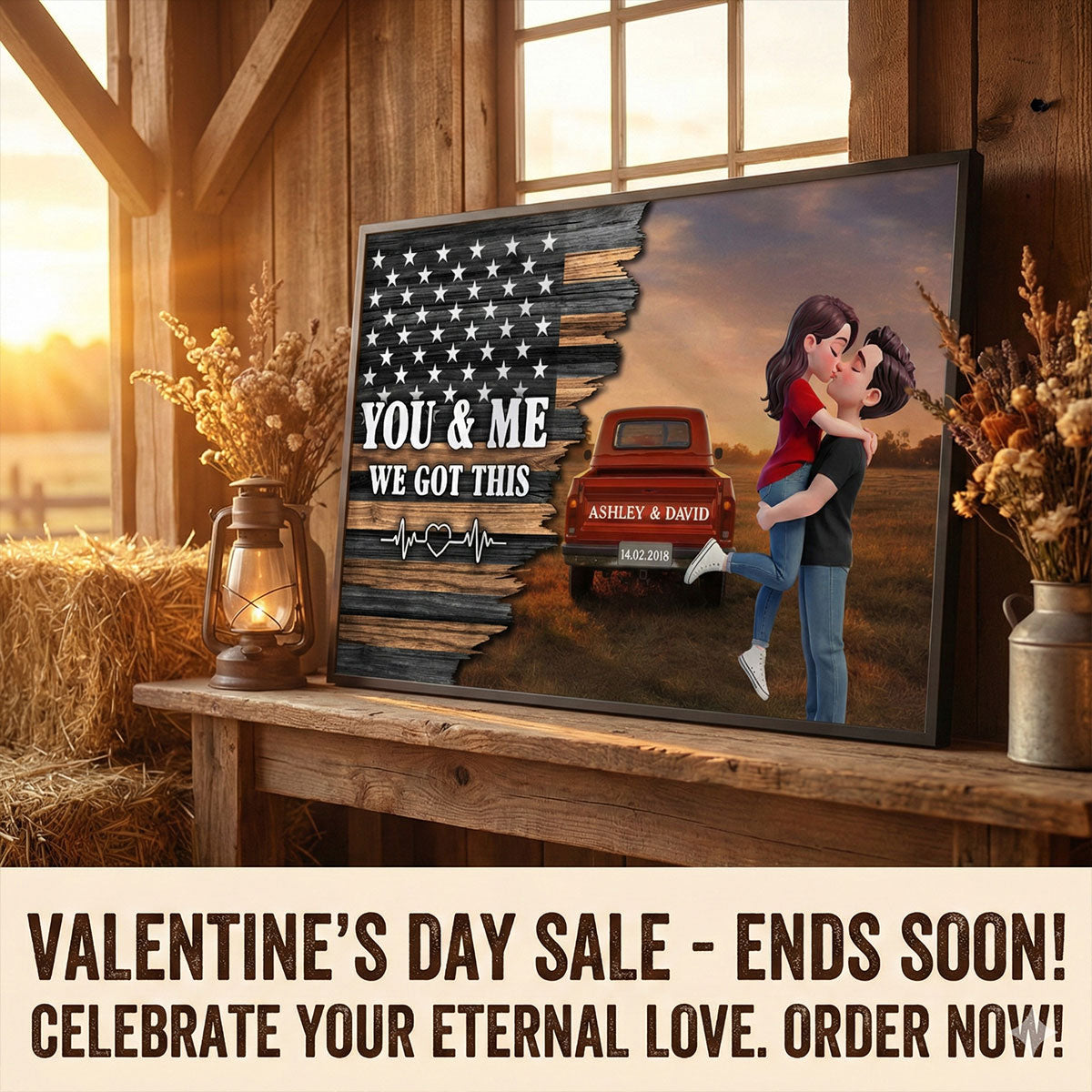 Eternal Love Couple Pickup Truck Half Nation Flag - Personalized Poster - Valentine's Day Gift For Couple