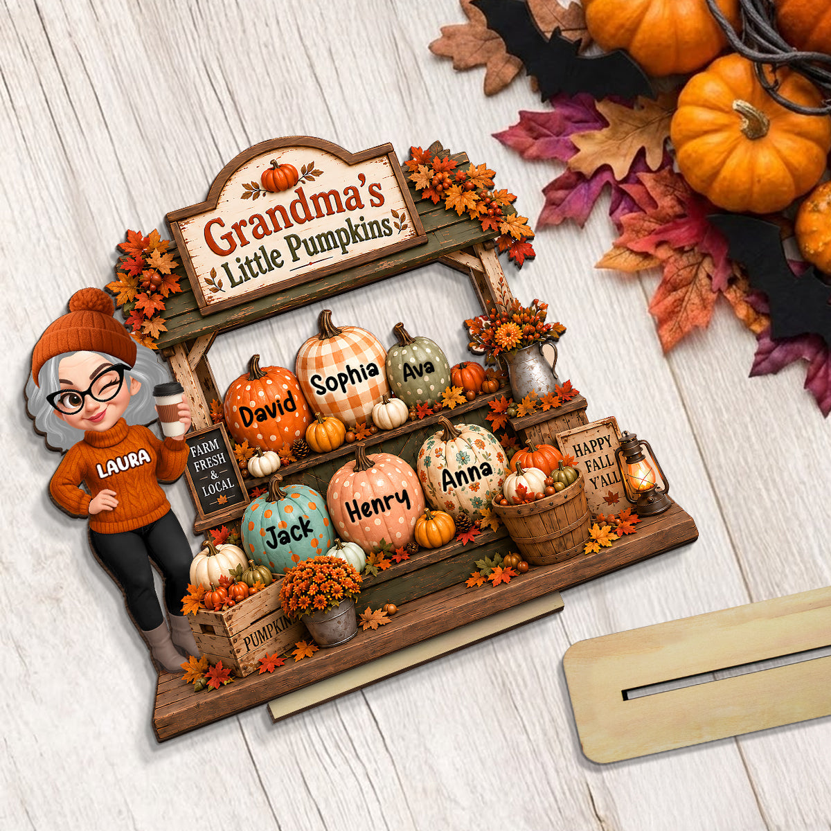 Rustic Fall Shelf Sitter Grandma - Personalized 2-Layered Wooden Plaque - Fall Season Decor Gift, Gift For Grandma