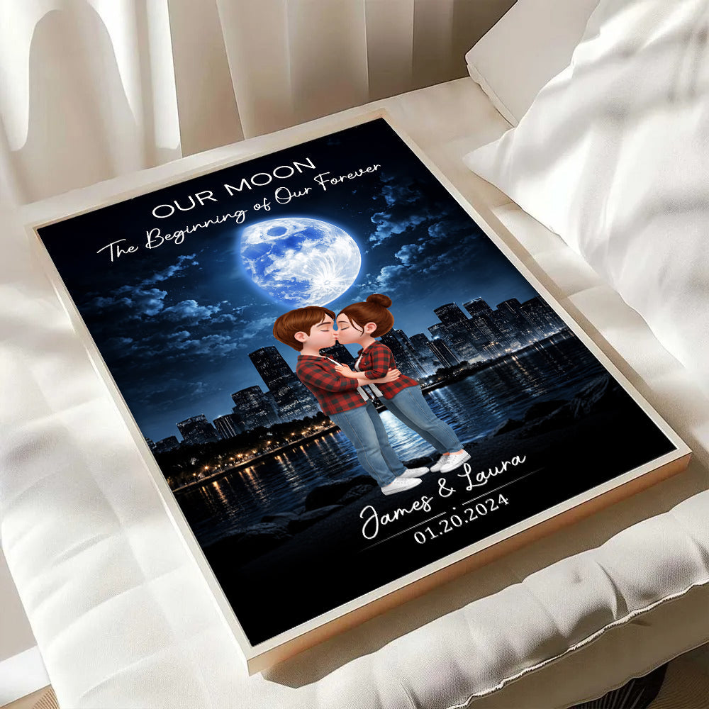 Couple Kissing Under the Moon Light City Skyline, Custom Moon Phase by Date - Personalized Poster - Sentimental Valentine's Day Gift for Her, for Him