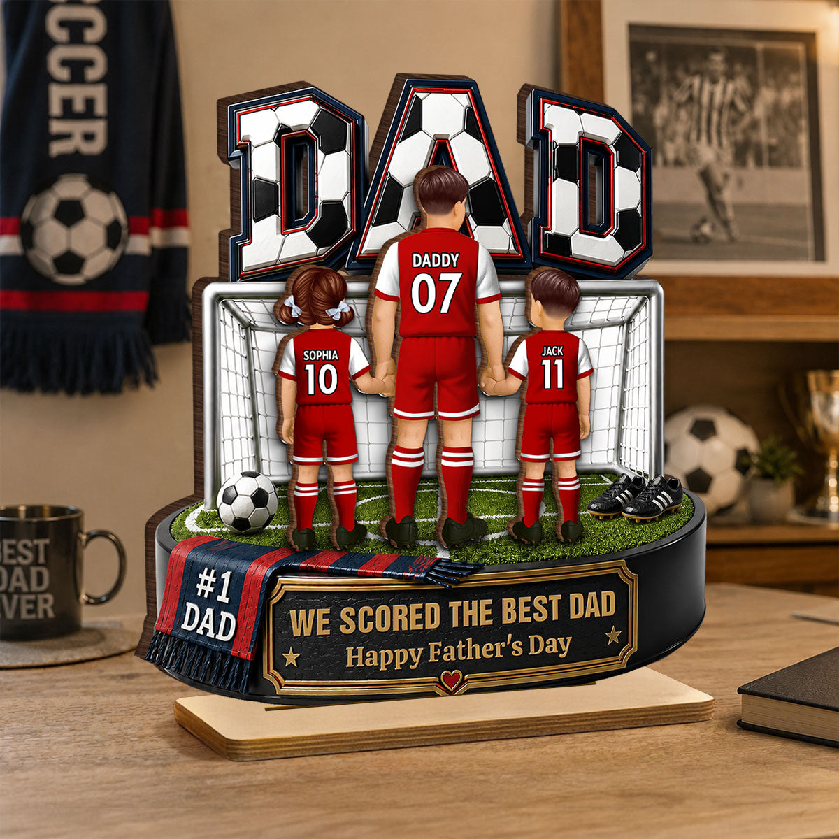 #1 Soccer Dad & Kids Together - Personalized 2-Layered Wooden Plaque - Heartfelt Gift For Dad, Husband