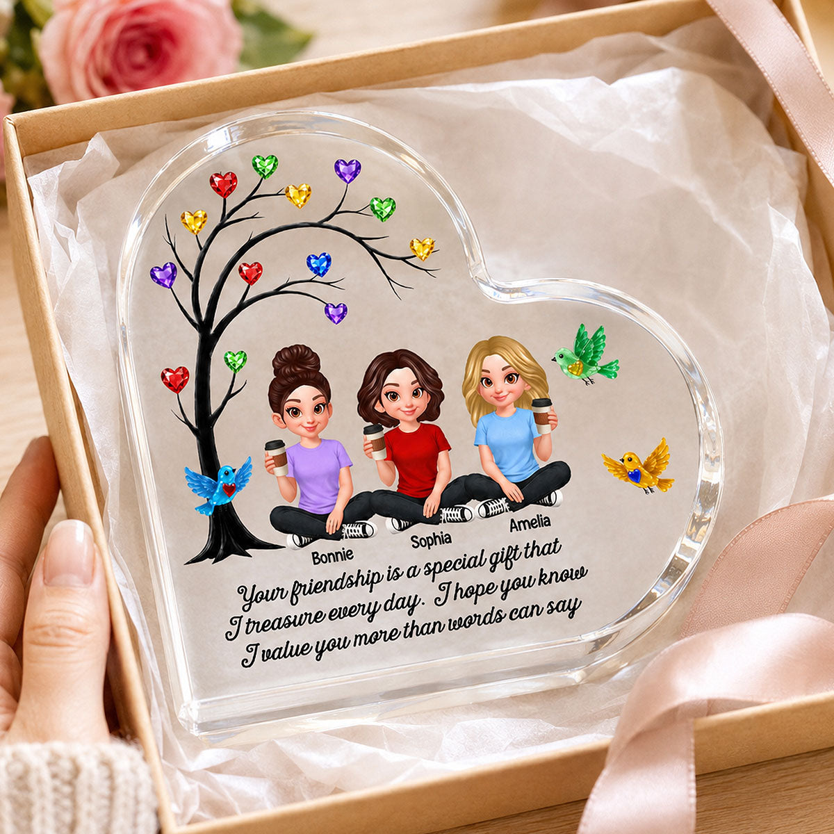 Besties Sisters Colorful Stone Tree - Personalized Heart Acrylic Block - Gift For Besties, Sisters, Best Friends