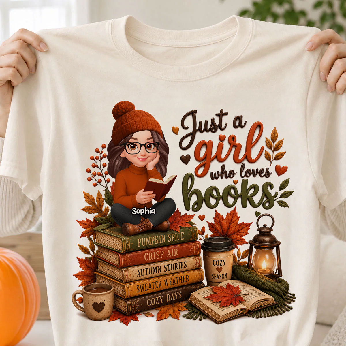 Cozy Autumn Girl Who Loves Books - Personalized Shirt - Fall Season Gift, Gift For Book Lovers