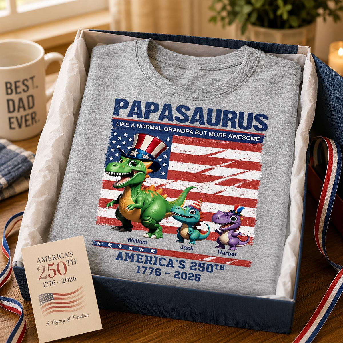 Grandpasaurus And Kids 3D Effect Dinosaurs - Personalized Shirt - American's 250th Anniversary Keepsake 4th Of July Independence Day Celebration