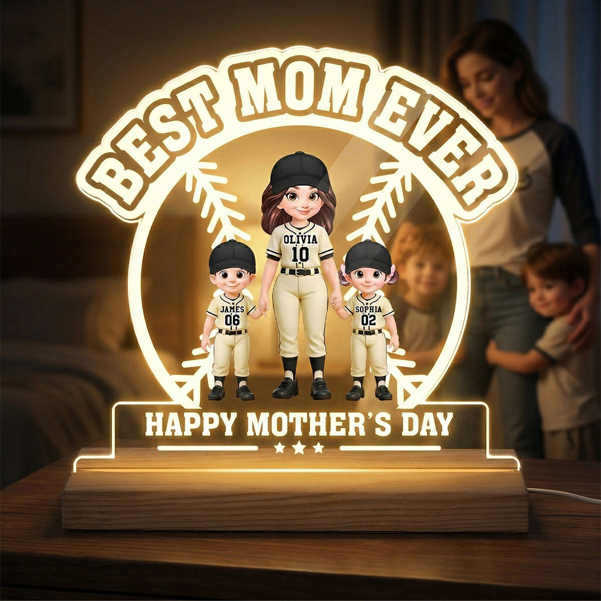 Best Mom Ever Baseball Mom & Kids - Personalized Acrylic Plaque LED Night Light