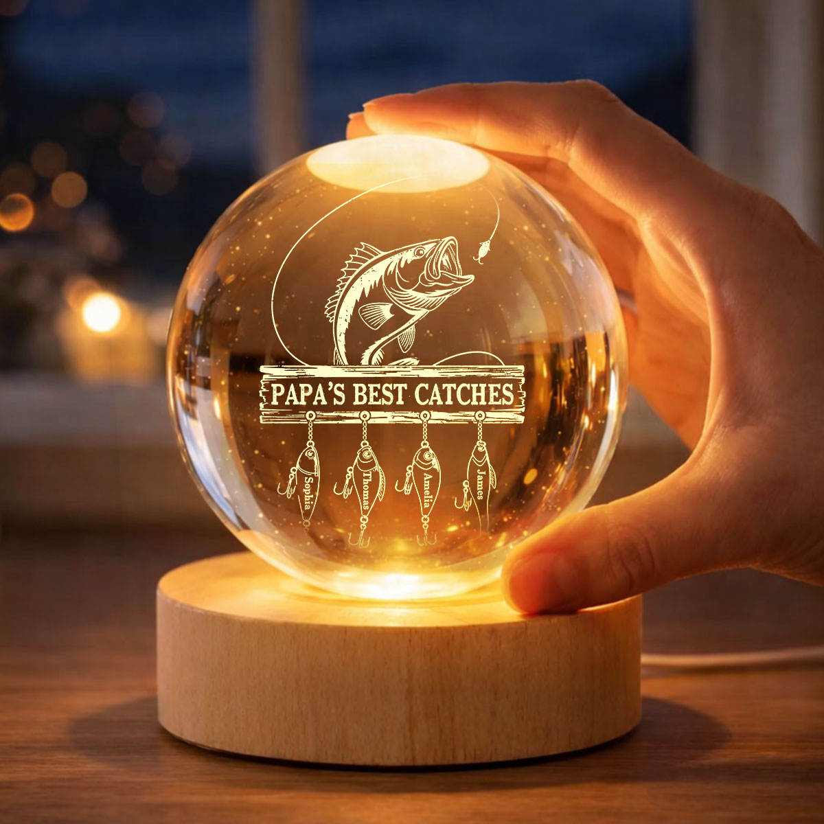 Daddy Grandpa Best Catch Fishing - Personalized Crystal Ball LED Night Light - Heartfelt Gift For Dad, Gift For Grandpa