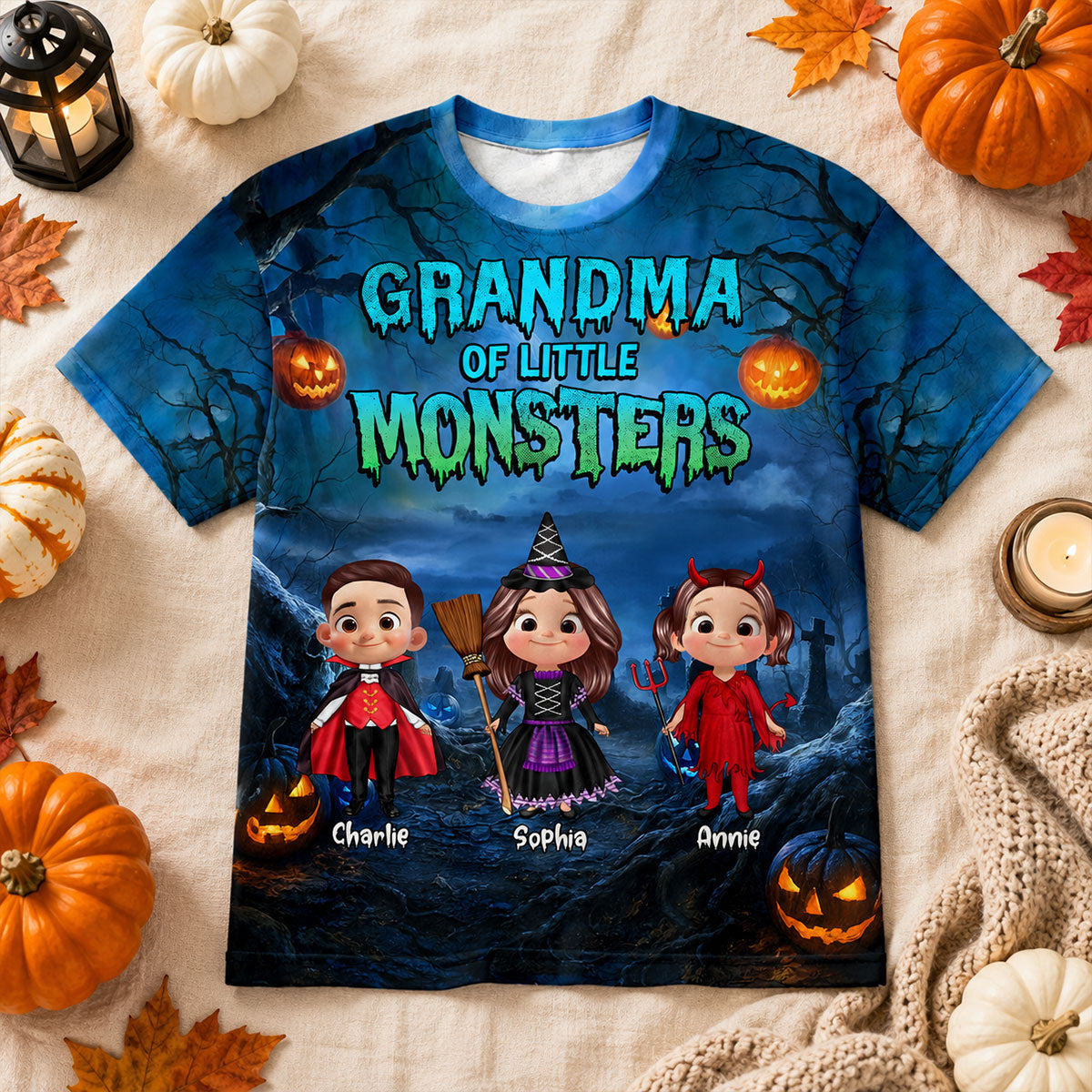 Halloween Night Grandma Grandkids Little Monsters - Personalized Shirt - Halloween Gift For Grandma