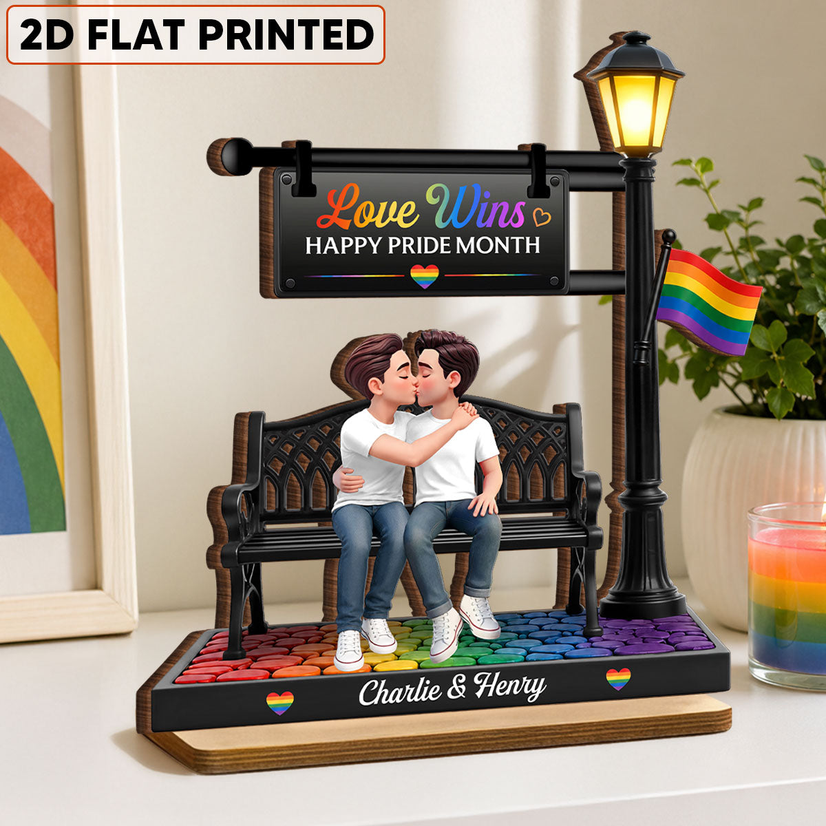 LGBT+ Couple Sitting On Bench Under Lamp Post - Personalized 2-Layered Wooden Plaque - Gift For Couple, Happy Pride Month