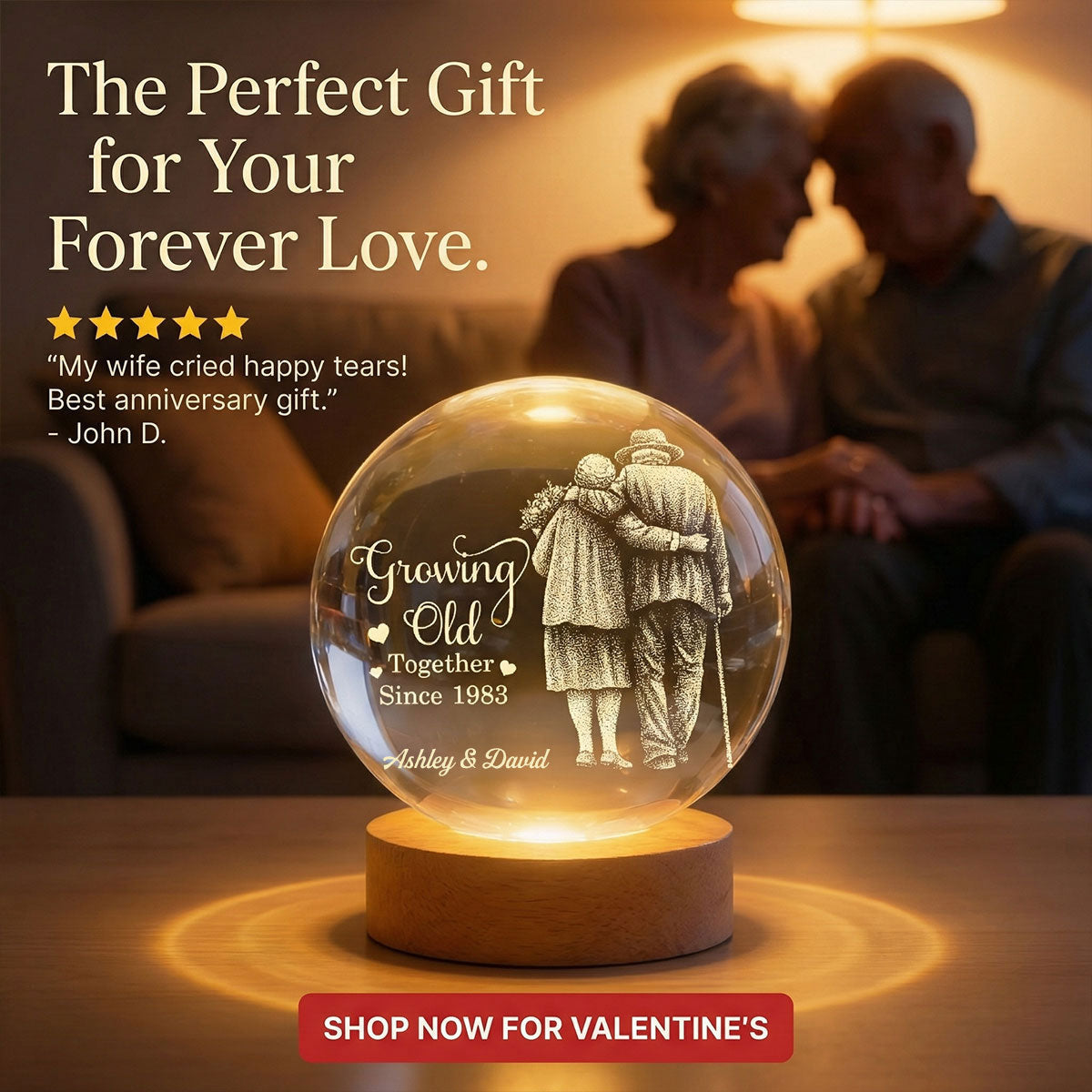 Eternal Love Old Couple Wanna Grow Old With You - Personalized Crystal Ball LED Night Light - Valentine's Day Gift For Couple
