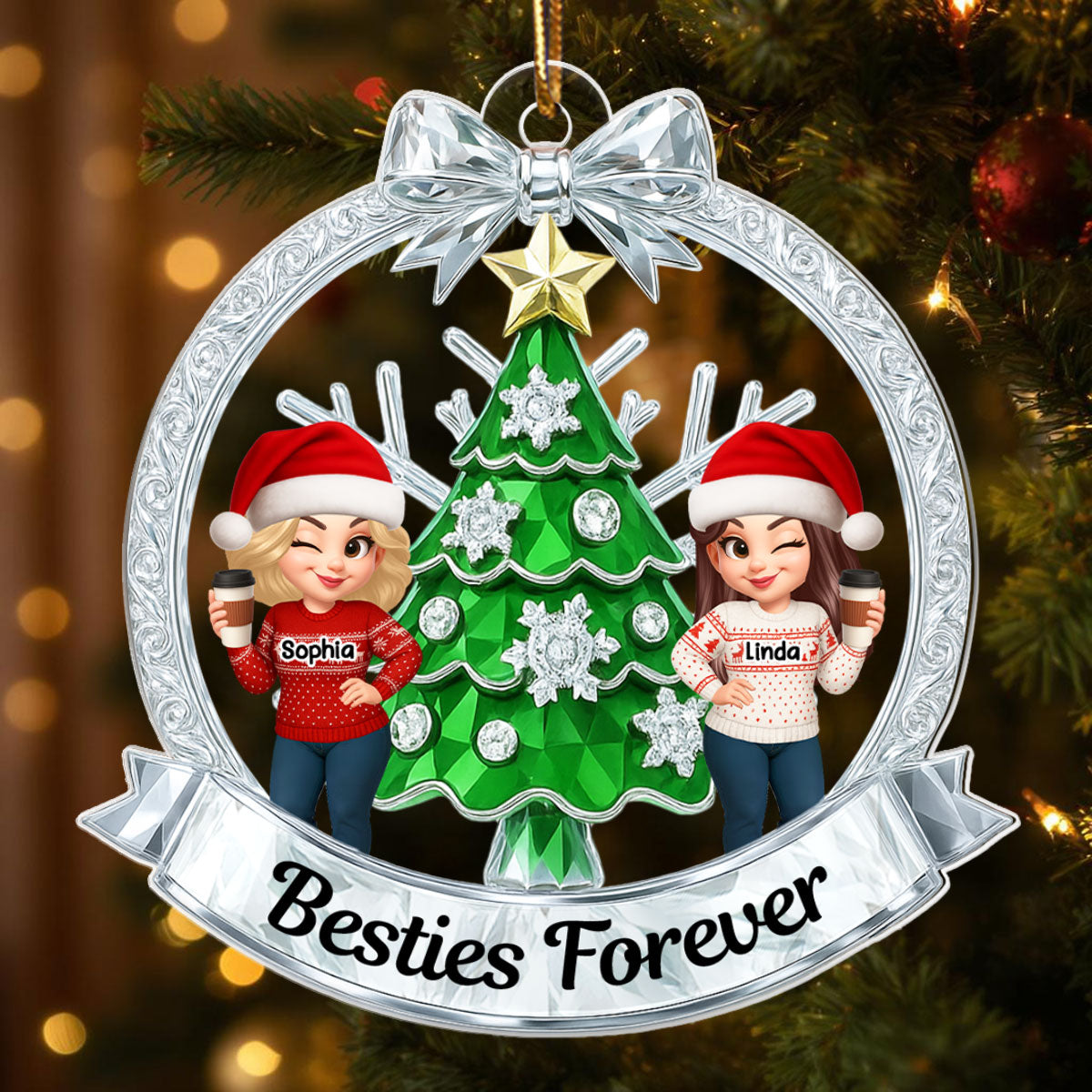 Besties on Crystal Effect Wreath - Personalized Acrylic Ornament - Christmas Gift for Besties