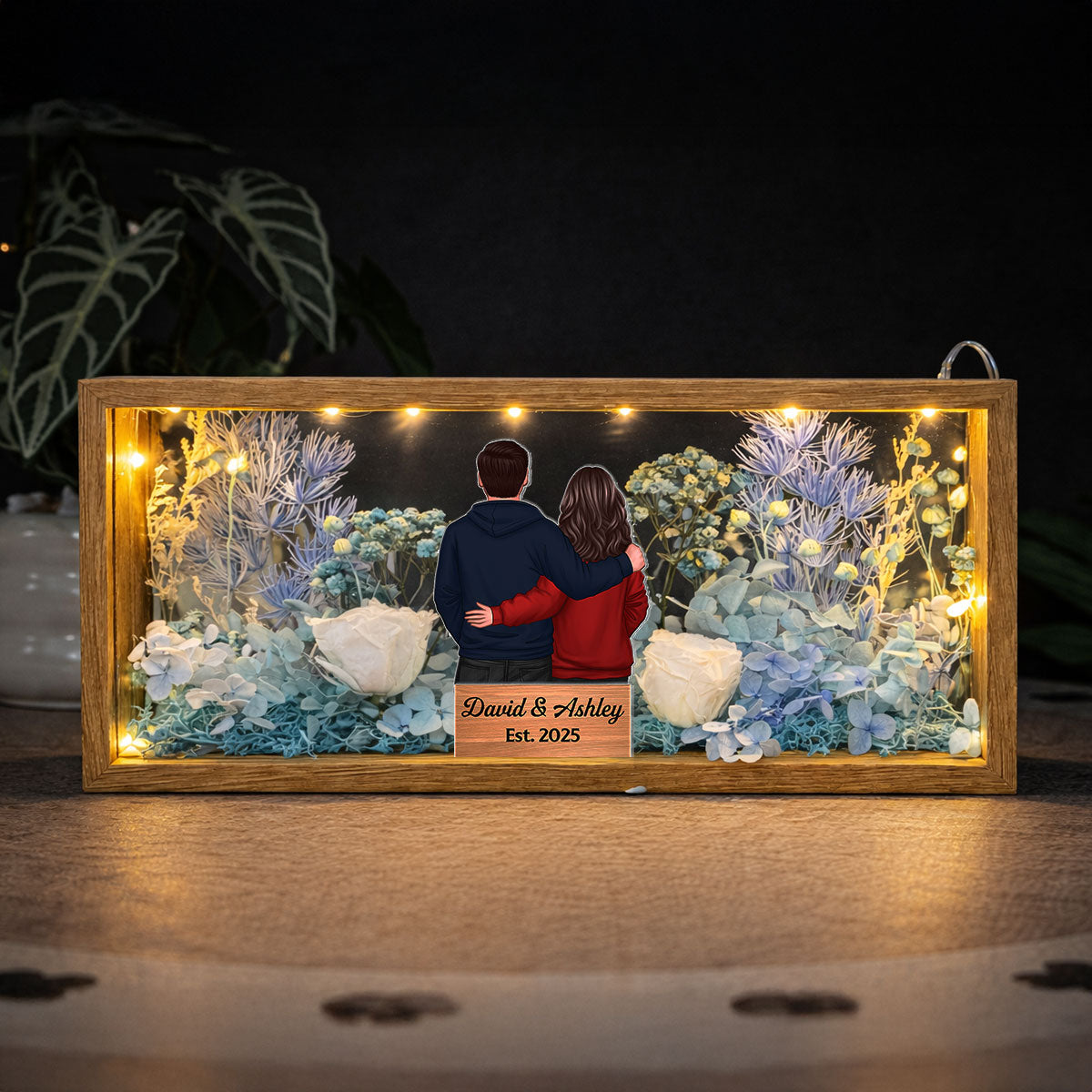 Eternal Love Back View Couple - Personalized DIY Flower Shadow Box LED Night Light - Gift For Couple, For Him, For Her