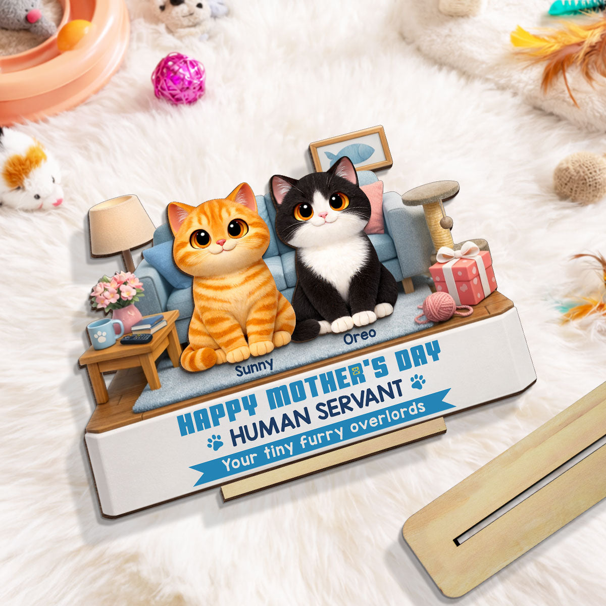 Cat Mom Cute Fluffy Cats Happy Mother's Day Human Servant - Personalized 2-Layered Wooden Plaque - Funny Mother's Day Gift For Cat Mom