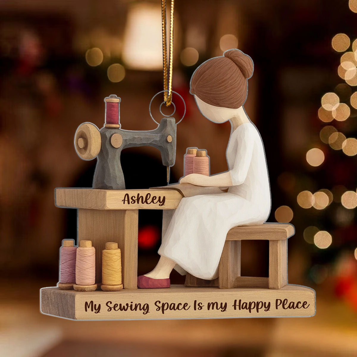 Custom My Sewing Space Is My Happy Place - Personalized Acrylic Ornament - Quilter Gift, Craft Room Christmas Keepsake