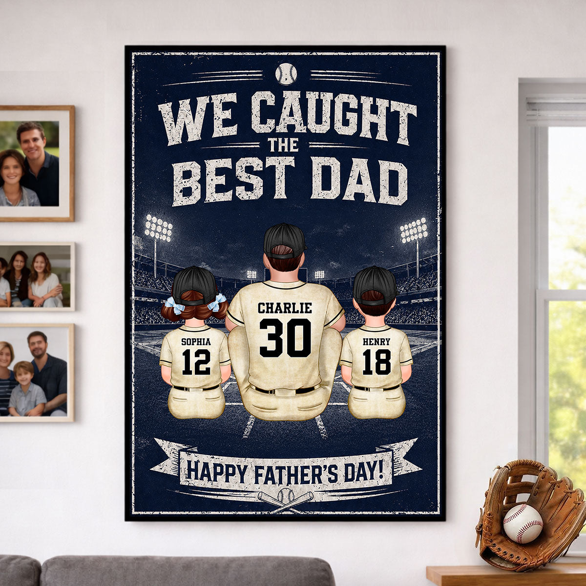Retro Vintage Baseball Wall Art We Caught the Best Dad - Personalized Poster - Father's Day Gift for Dad, Husband