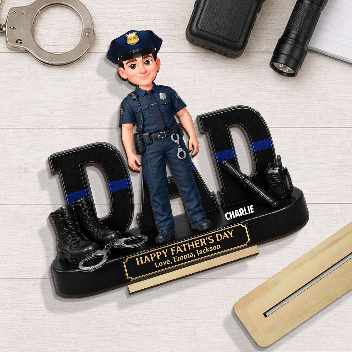 Proud American Police Officer Dad - Personalized 2-Layered Wooden Plaque -  Gift For Dad