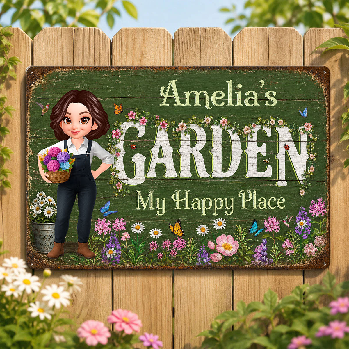 My Happy Place Flower Garden - Personalized Metal Sign - Gift for Her
