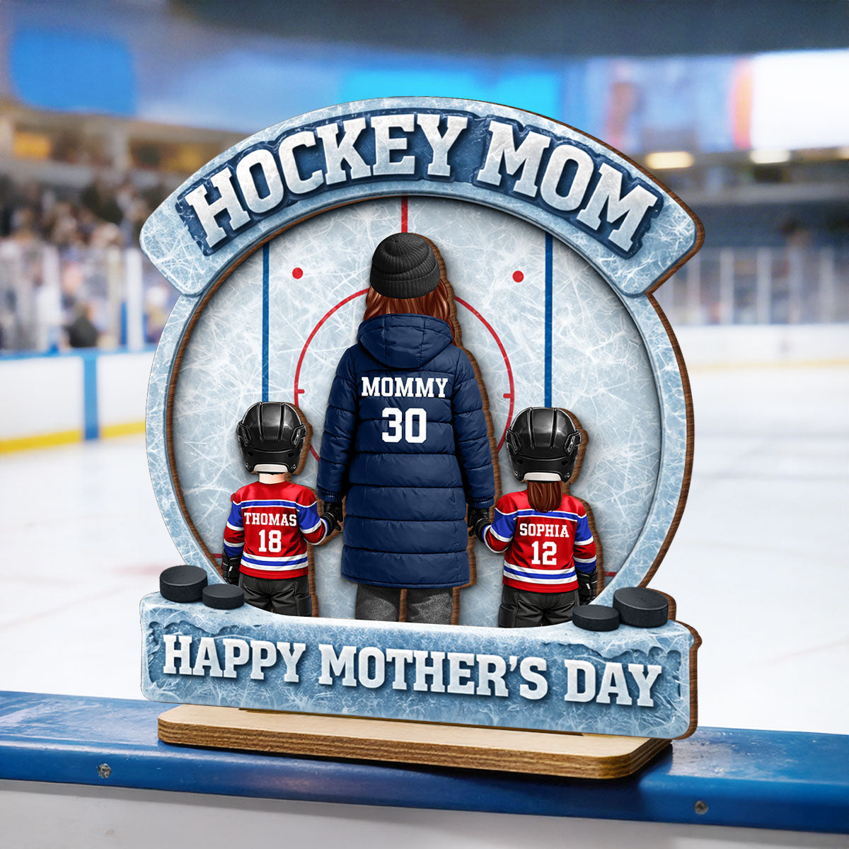 Hockey Mom Back View And Kids - Personalized 2-Layered Wooden Plaque - Mother's Day Gift For Hockey Mom