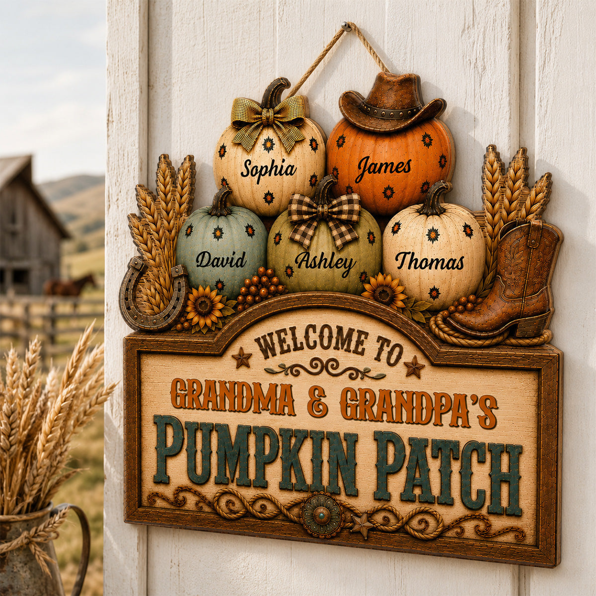 Western Vibe Welcome To Grandma Grandpa Pumpkin Patch 2D Flat - Personalized Wood Sign