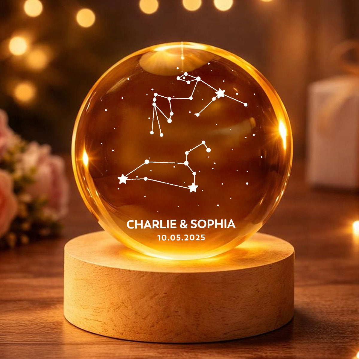 Couple Zodiac Constellation Astrology Star Sign Art - Personalized Crystal Ball LED Night Light - Gift For Couple