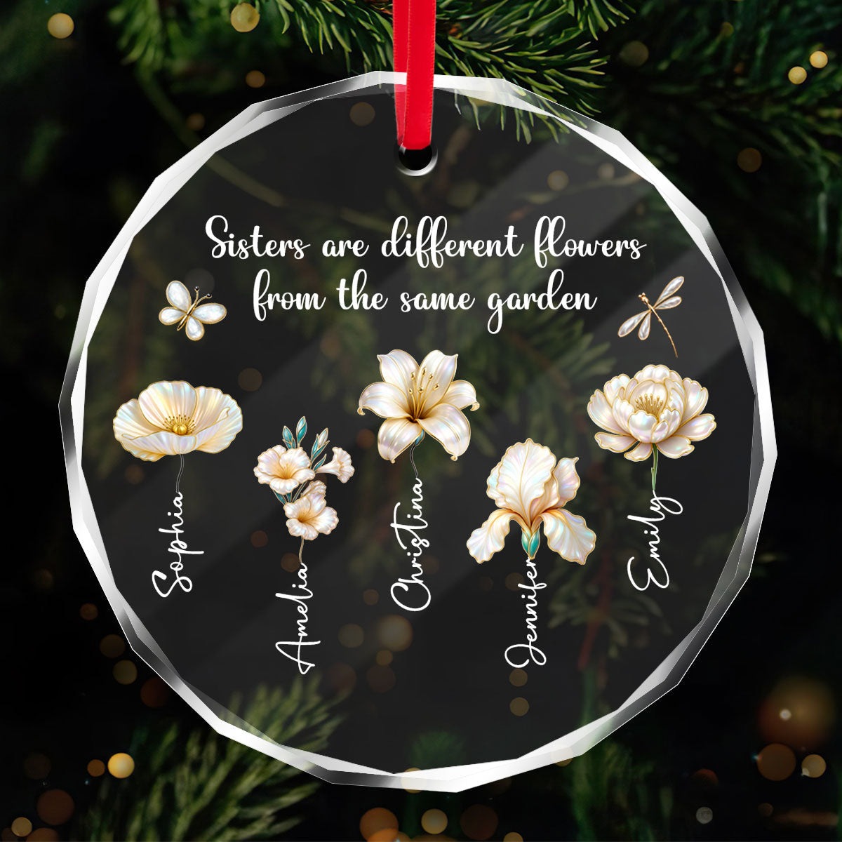 3D Effect Birth Flowers Sisters From The Same Garden - Personalized Glass Ornament - Birthday Christmas Just Because Gift For Sisters, Besties