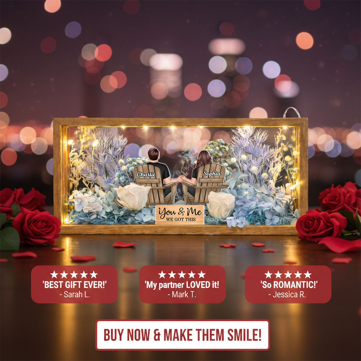 Eternal Love Back View Couple Sitting - Personalized DIY Flower Shadow Box LED Night Light - Gift For Couple, For Him, For Her
