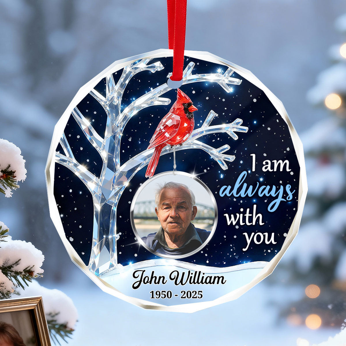 3D Crystal Effect Memorial Winter Tree Cardinals Upload Photo - Personalized Glass Ornament - Remembrance Gift, Sympathy Gift