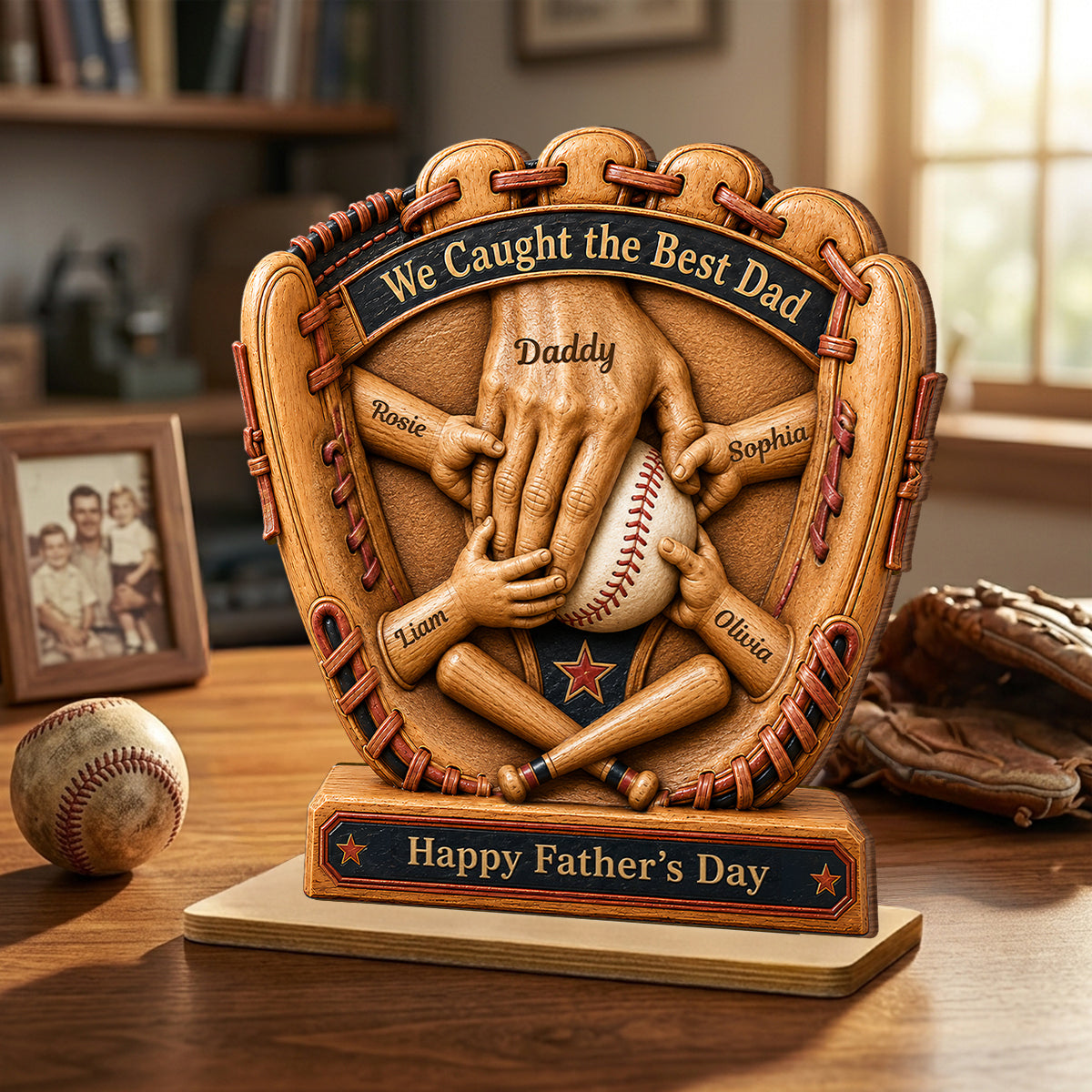 Baseball Glove Dad & Kids' Hands - Personalized 2-Layered Wooden Plaque -  Gift For Dad, Husband