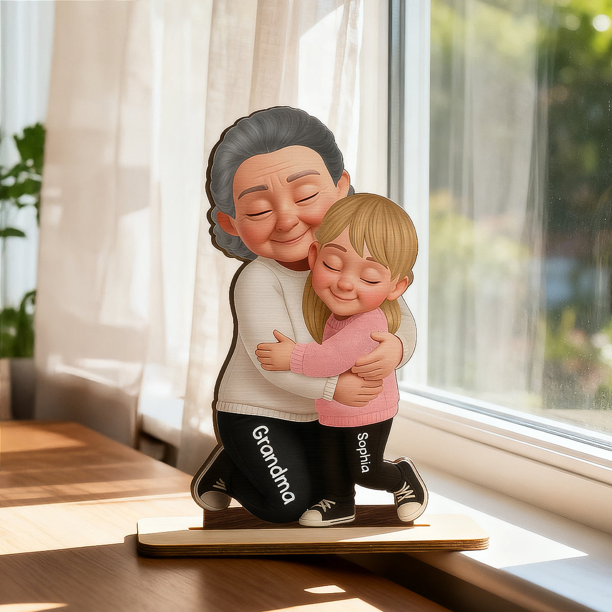 Grandma Hugging Grandkids - Personalized 2-Layered Wooden Plaque - Heartfelt Gift for Grandma