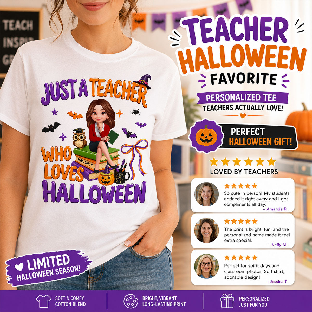 Just A Teacher Who Loves Halloween - Personalized Shirt - Gift For Teacher, Happy Halloween