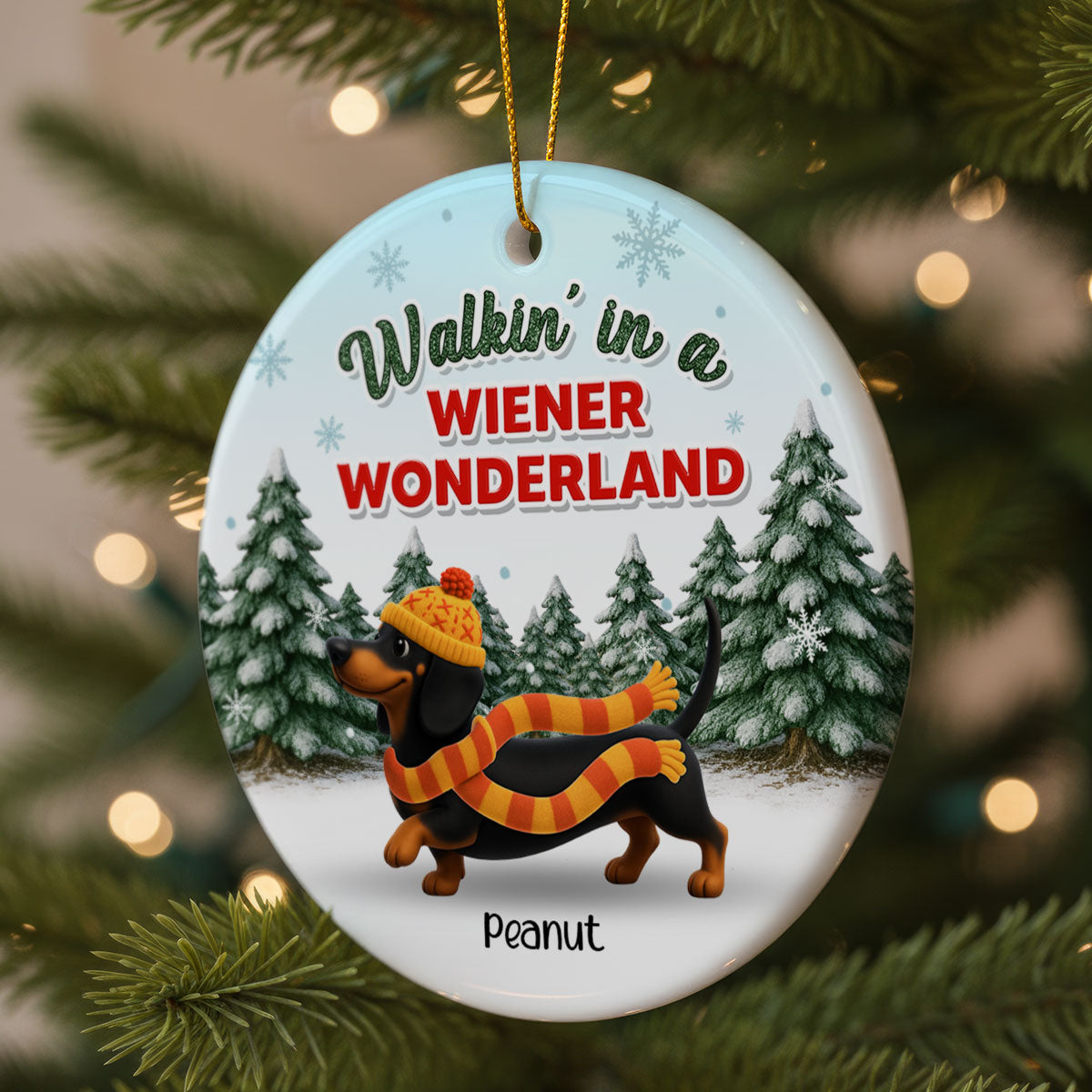 Christmas Dachshunds Walking In A Wiener Wonderland - Personalized Ceramic Ornament - Gift For Dachshund Lovers