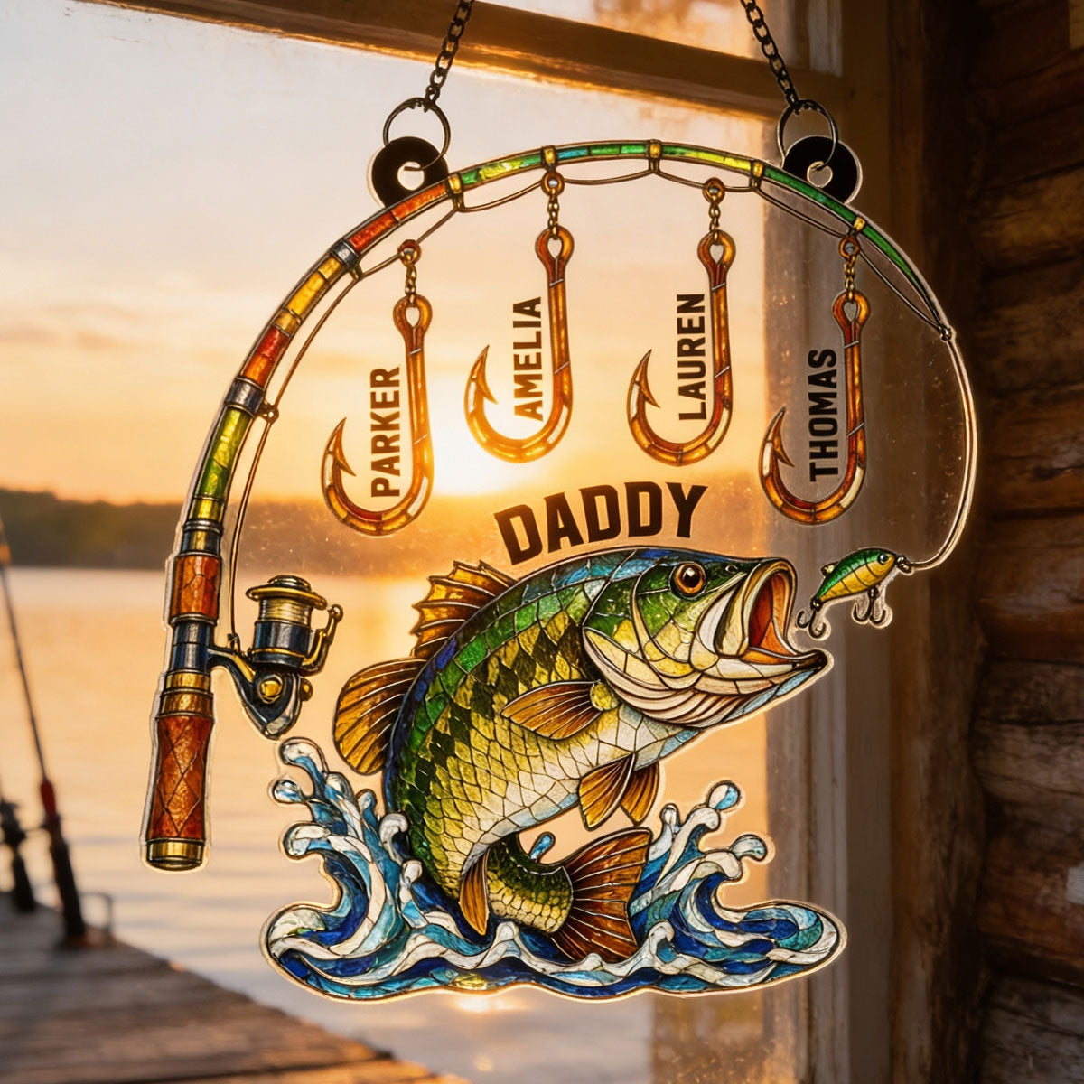 Fishing Daddy With Kids Names - Personalized Suncatcher - Heartfelt Gift For Fishing Dad, Gift For Husband